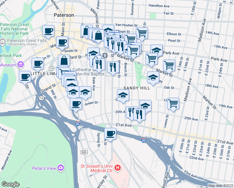 map of restaurants, bars, coffee shops, grocery stores, and more near 385 Straight Street in Paterson