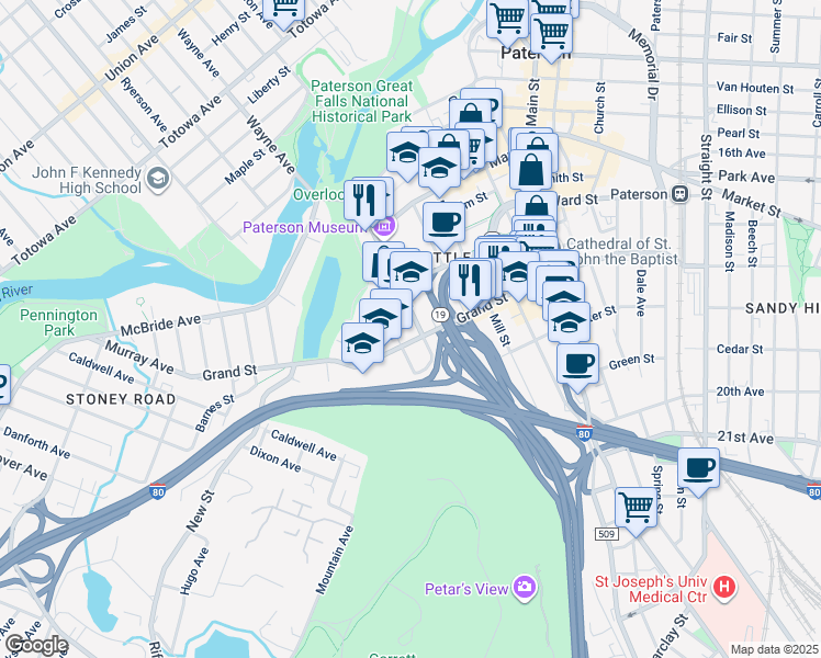 map of restaurants, bars, coffee shops, grocery stores, and more near 90 Spruce Street in Paterson