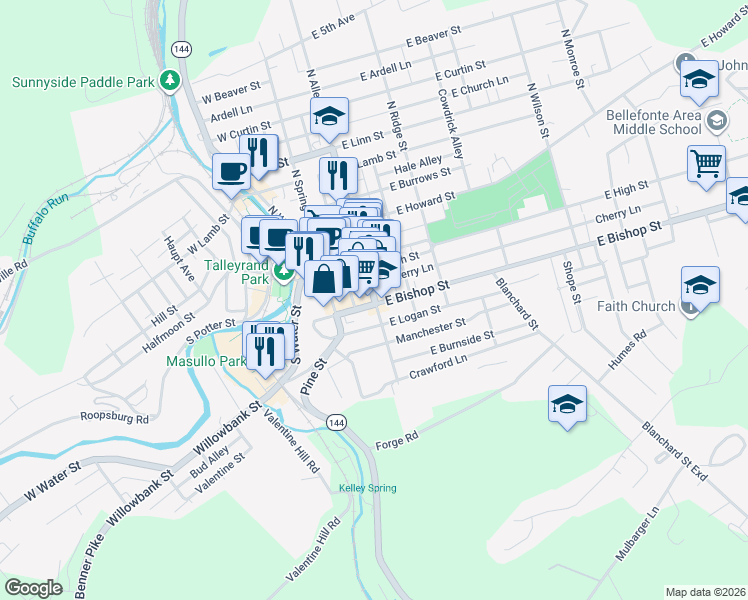 map of restaurants, bars, coffee shops, grocery stores, and more near 1 West Bishop Street in Bellefonte