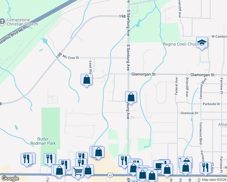 map of restaurants, bars, coffee shops, grocery stores, and more near 1165 Commonwealth Avenue in Alliance