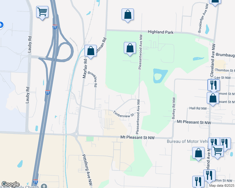 map of restaurants, bars, coffee shops, grocery stores, and more near 8695 Rosewood Avenue Northwest in North Canton