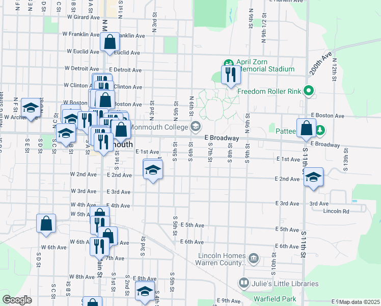 map of restaurants, bars, coffee shops, grocery stores, and more near 199 South 6th Street in Monmouth