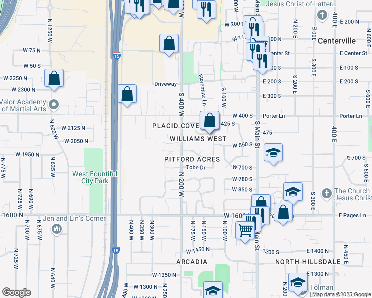 map of restaurants, bars, coffee shops, grocery stores, and more near 571 South 400 West in Centerville