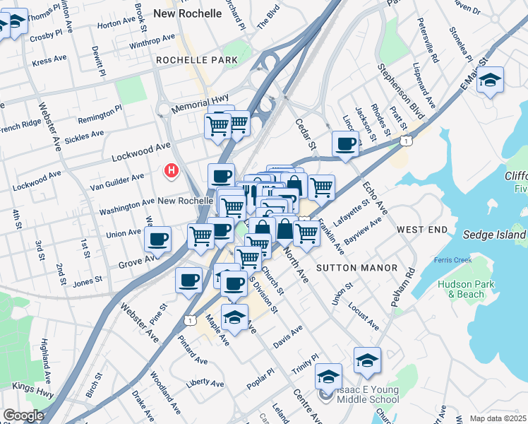 map of restaurants, bars, coffee shops, grocery stores, and more near in New Rochelle