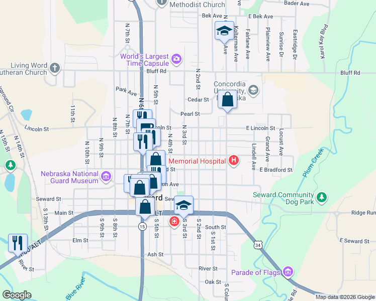 map of restaurants, bars, coffee shops, grocery stores, and more near 422 North 3rd Street in Seward