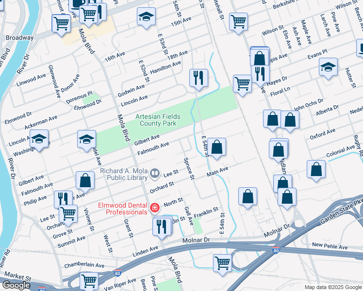 map of restaurants, bars, coffee shops, grocery stores, and more near 12 Spruce Street in Elmwood Park