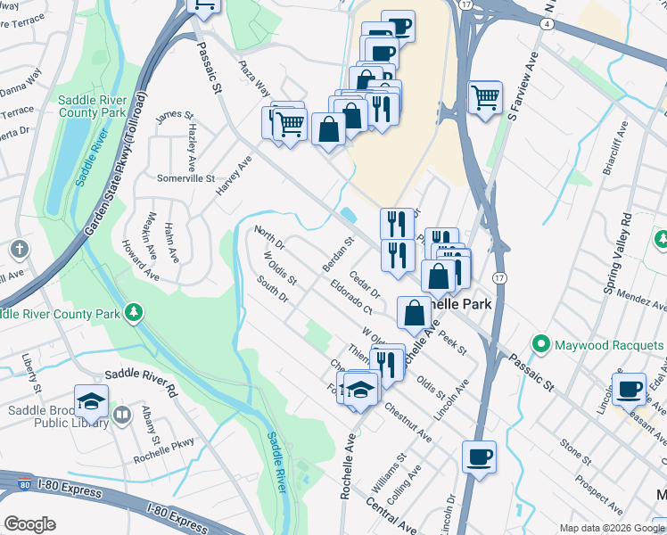 map of restaurants, bars, coffee shops, grocery stores, and more near 84 Berdan Street in Rochelle Park