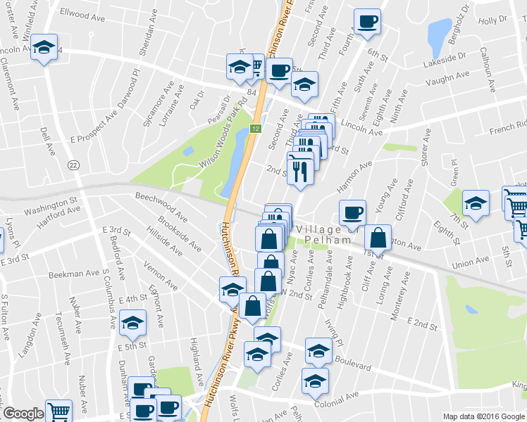 map of restaurants, bars, coffee shops, grocery stores, and more near 48 1st Street in Village of Pelham