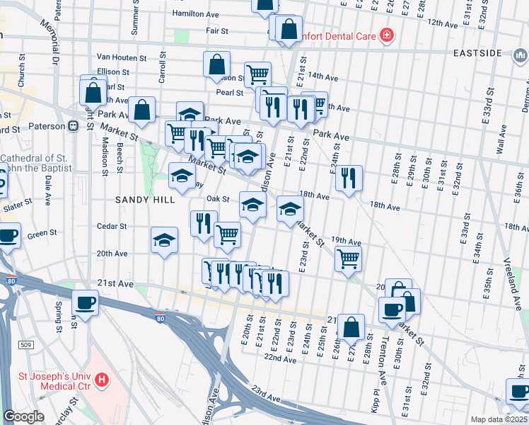 map of restaurants, bars, coffee shops, grocery stores, and more near 871 Madison Avenue in Paterson
