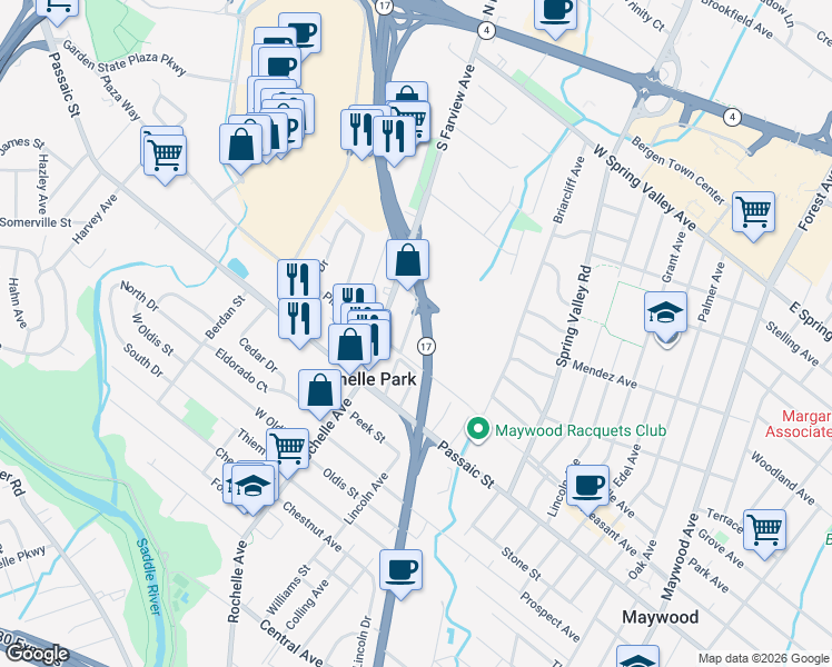map of restaurants, bars, coffee shops, grocery stores, and more near 134 Gertrude Avenue in Paramus