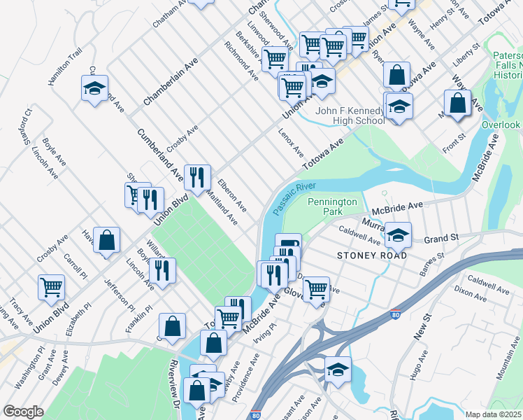 map of restaurants, bars, coffee shops, grocery stores, and more near 55 Totowa Avenue in Paterson