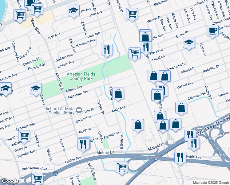 map of restaurants, bars, coffee shops, grocery stores, and more near 10 Leliarts Lane in Elmwood Park