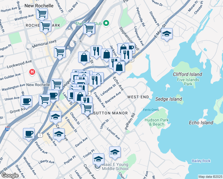 map of restaurants, bars, coffee shops, grocery stores, and more near 26 Lafayette Street in New Rochelle