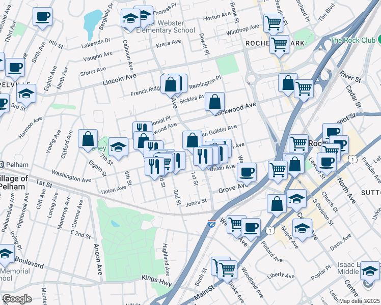 map of restaurants, bars, coffee shops, grocery stores, and more near 220 Webster Avenue in New Rochelle