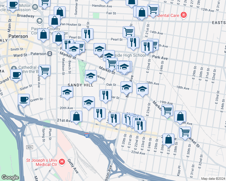 map of restaurants, bars, coffee shops, grocery stores, and more near 17 Lewis Street in Paterson