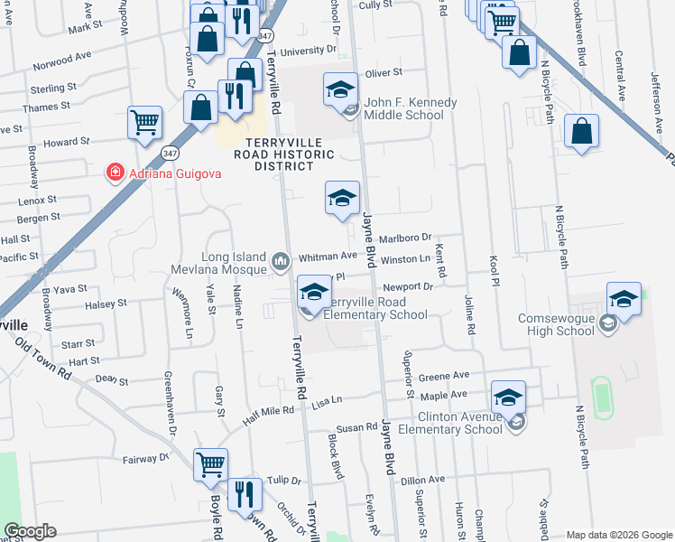 map of restaurants, bars, coffee shops, grocery stores, and more near 11 Viceroy Place in Port Jefferson Station