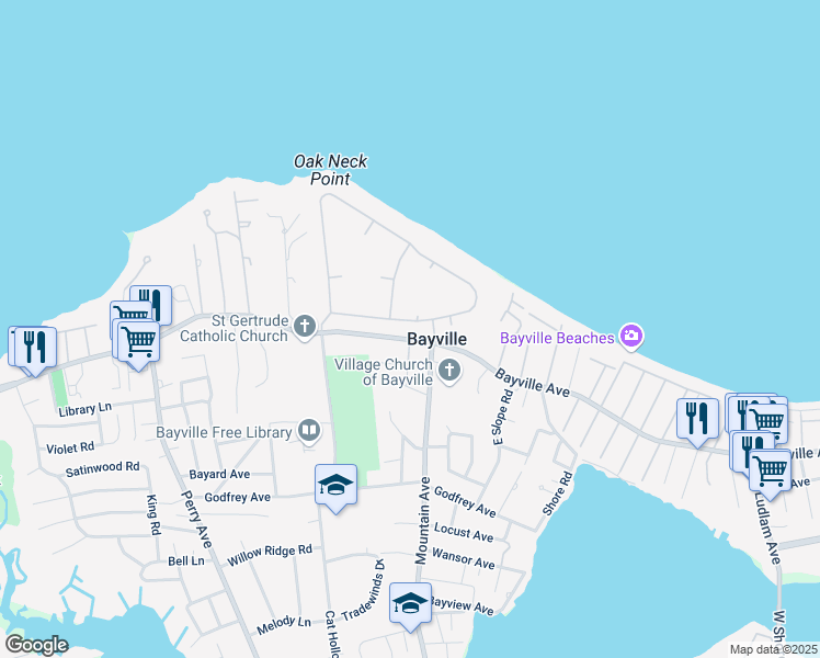 map of restaurants, bars, coffee shops, grocery stores, and more near 10 Oak Point Dr S in Bayville
