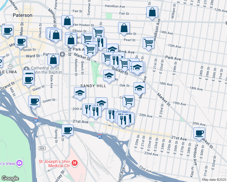 map of restaurants, bars, coffee shops, grocery stores, and more near 17 Martin Street in Paterson