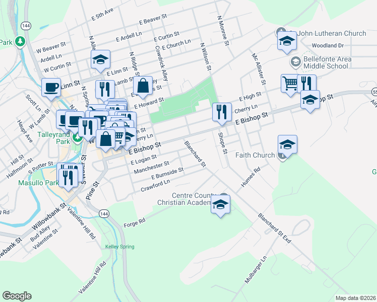 map of restaurants, bars, coffee shops, grocery stores, and more near 420 East Logan Street in Bellefonte
