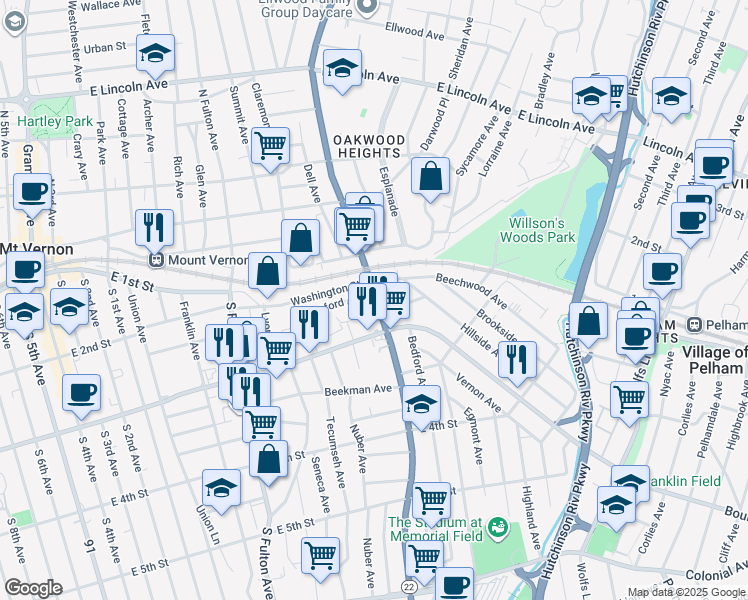 map of restaurants, bars, coffee shops, grocery stores, and more near 120 South Columbus Avenue in Mount Vernon