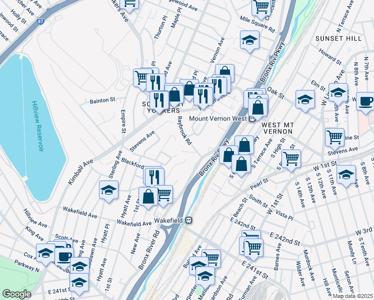 map of restaurants, bars, coffee shops, grocery stores, and more near 131 Huntsbridge Road in Yonkers
