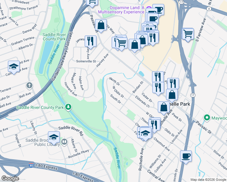 map of restaurants, bars, coffee shops, grocery stores, and more near 169 West Oldis Street in Rochelle Park