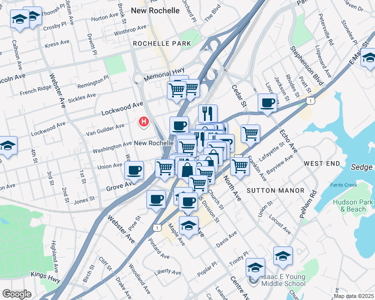 map of restaurants, bars, coffee shops, grocery stores, and more near 265 Huguenot Street in New Rochelle