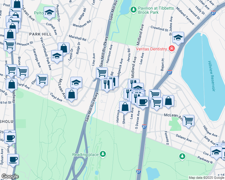 map of restaurants, bars, coffee shops, grocery stores, and more near 95 Sedgwick Avenue in Yonkers