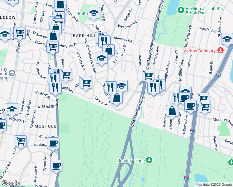 map of restaurants, bars, coffee shops, grocery stores, and more near 36 Courter Avenue in Yonkers