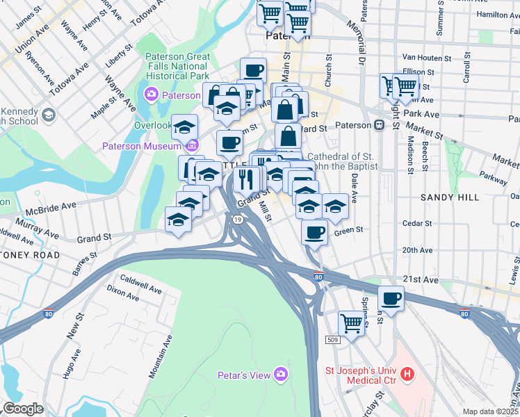 map of restaurants, bars, coffee shops, grocery stores, and more near 152 Mill Street in Paterson