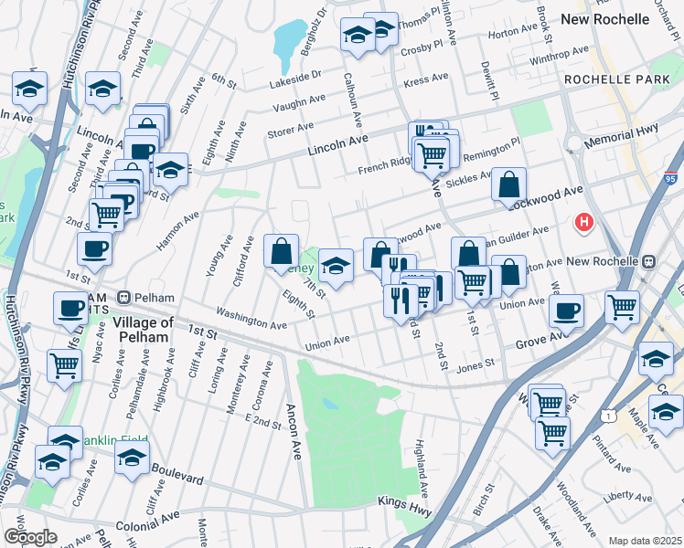 map of restaurants, bars, coffee shops, grocery stores, and more near 8 Madeleine Avenue in New Rochelle