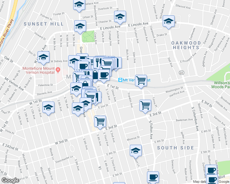 map of restaurants, bars, coffee shops, grocery stores, and more near 15 Union Avenue in Mount Vernon