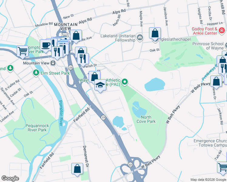 map of restaurants, bars, coffee shops, grocery stores, and more near 62 Van Duyne Avenue in Wayne