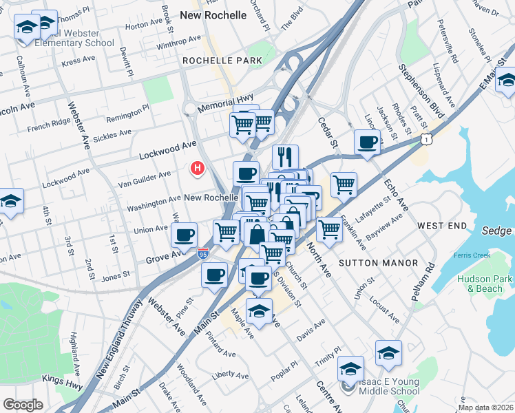 map of restaurants, bars, coffee shops, grocery stores, and more near 265 Huguenot Street in New Rochelle
