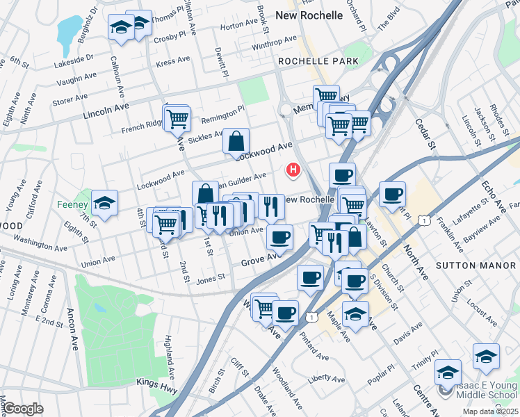 map of restaurants, bars, coffee shops, grocery stores, and more near 97 Walnut Street in New Rochelle