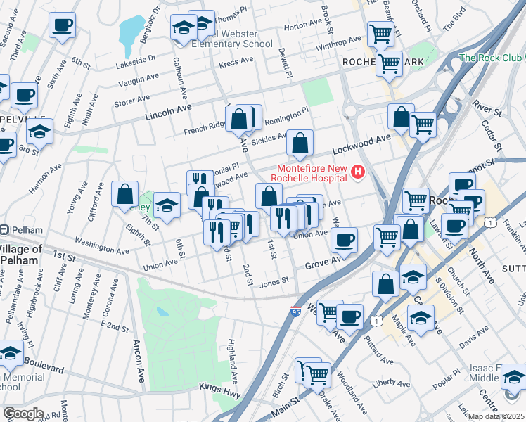 map of restaurants, bars, coffee shops, grocery stores, and more near 220 Webster Avenue in New Rochelle