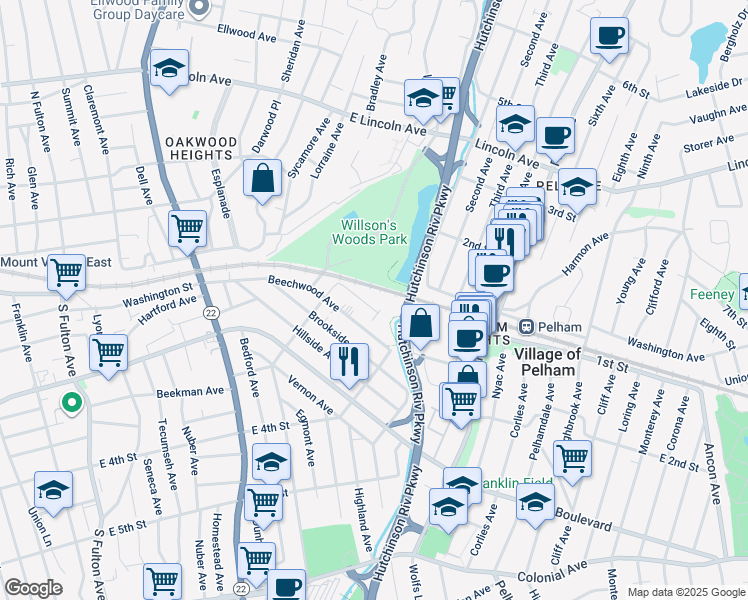 map of restaurants, bars, coffee shops, grocery stores, and more near 112 Pelhamdale Avenue in Mount Vernon