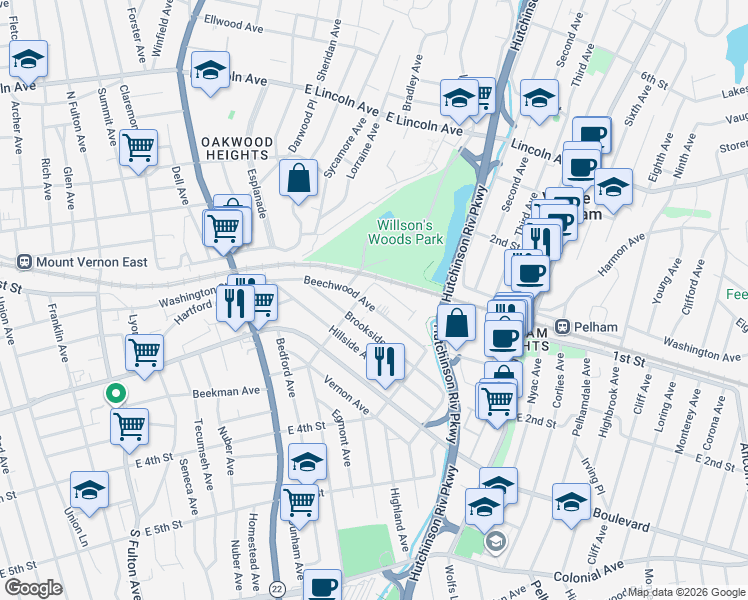map of restaurants, bars, coffee shops, grocery stores, and more near 127 Pelhamdale Avenue in Mount Vernon