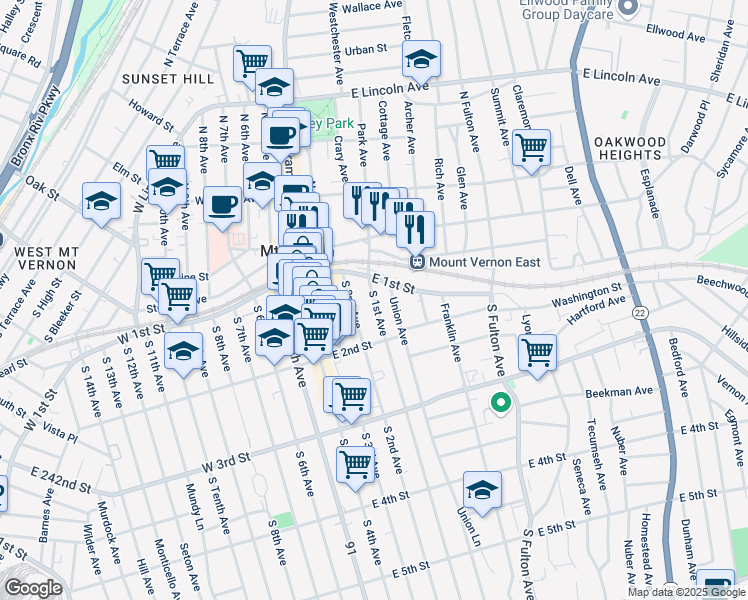 map of restaurants, bars, coffee shops, grocery stores, and more near 29 South 2nd Avenue in Mount Vernon