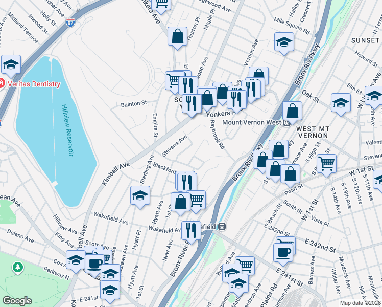 map of restaurants, bars, coffee shops, grocery stores, and more near 254 Hyatt Avenue in Yonkers
