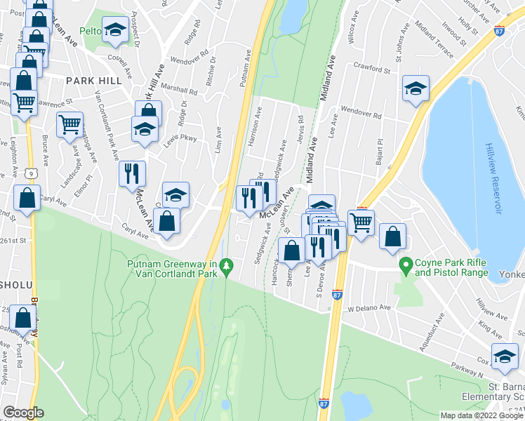map of restaurants, bars, coffee shops, grocery stores, and more near 95 Sedgwick Avenue in Yonkers