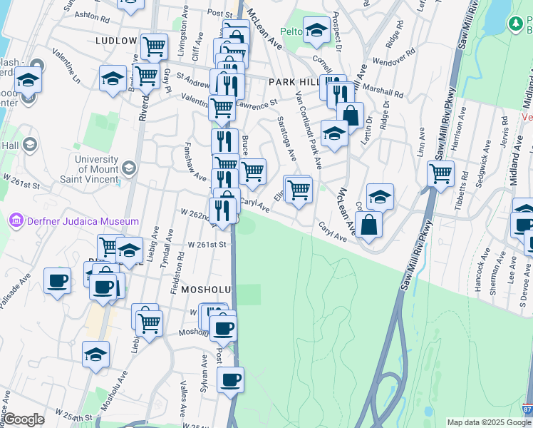 map of restaurants, bars, coffee shops, grocery stores, and more near 40 Caryl Avenue in Yonkers