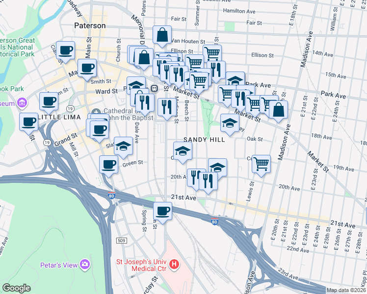 map of restaurants, bars, coffee shops, grocery stores, and more near 103 Beech Street in Paterson