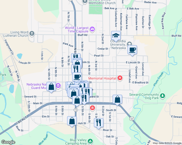 map of restaurants, bars, coffee shops, grocery stores, and more near 424 North 4th Street in Seward