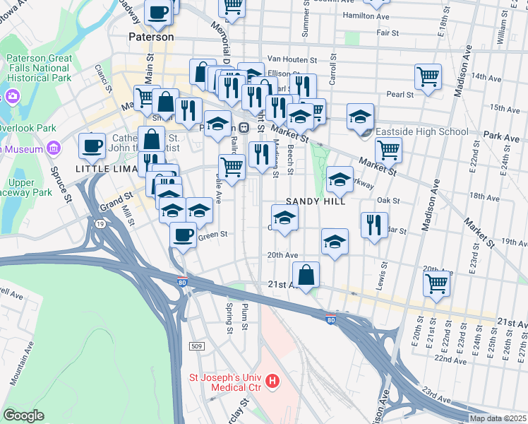 map of restaurants, bars, coffee shops, grocery stores, and more near 385 Straight Street in Paterson