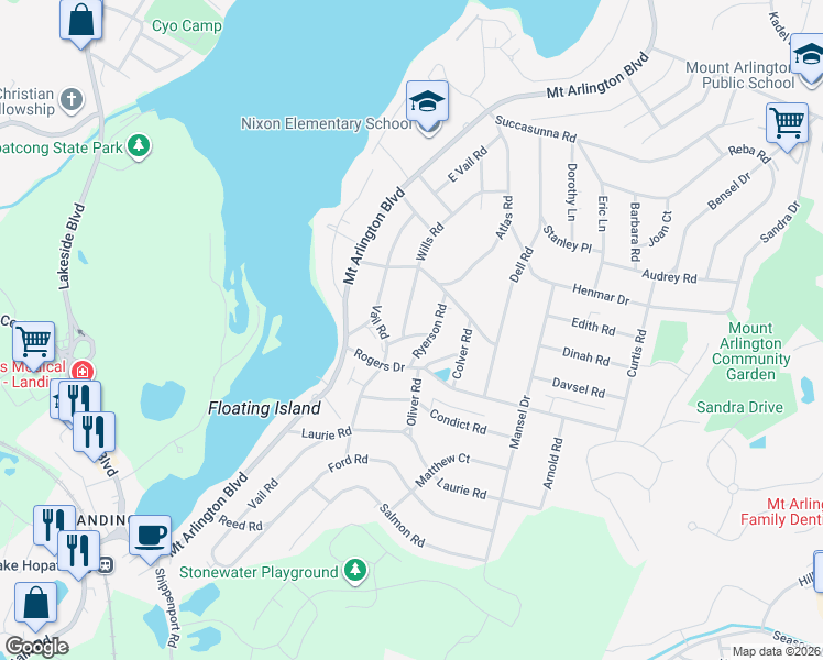 map of restaurants, bars, coffee shops, grocery stores, and more near 510 Wills Road in Roxbury Township