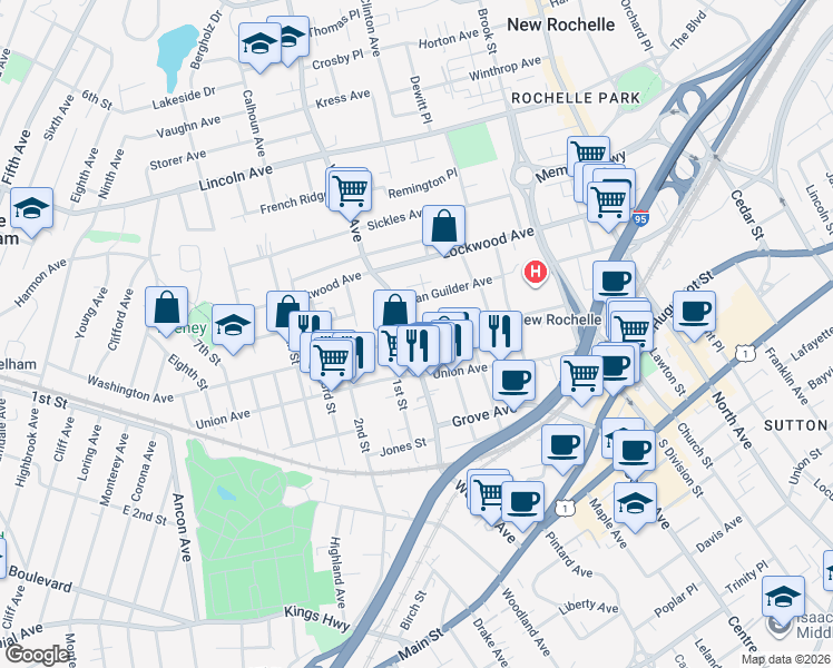 map of restaurants, bars, coffee shops, grocery stores, and more near 143 Washington Avenue in New Rochelle