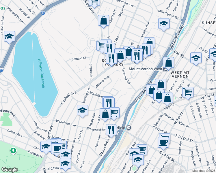 map of restaurants, bars, coffee shops, grocery stores, and more near 254 Hyatt Avenue in Yonkers