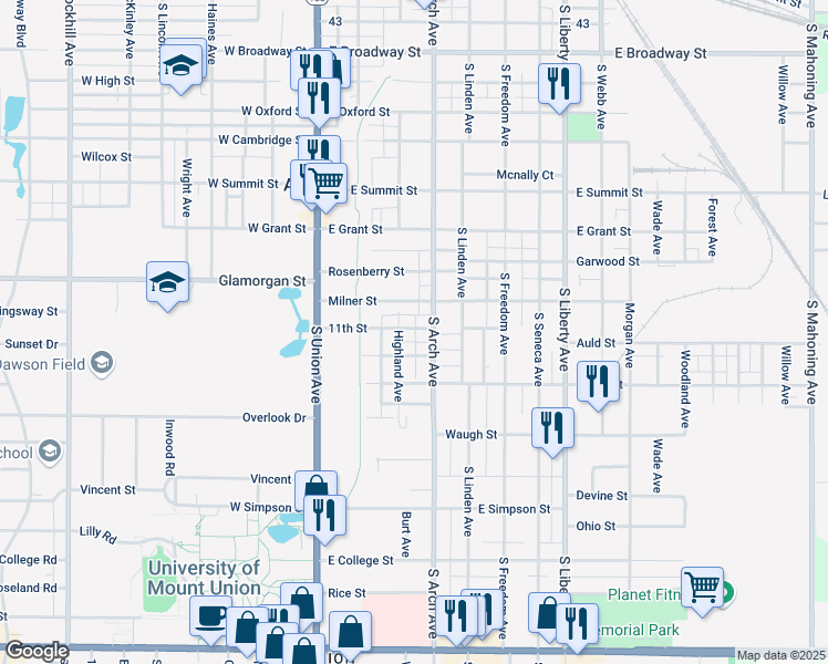 map of restaurants, bars, coffee shops, grocery stores, and more near 225 11th Street in Alliance