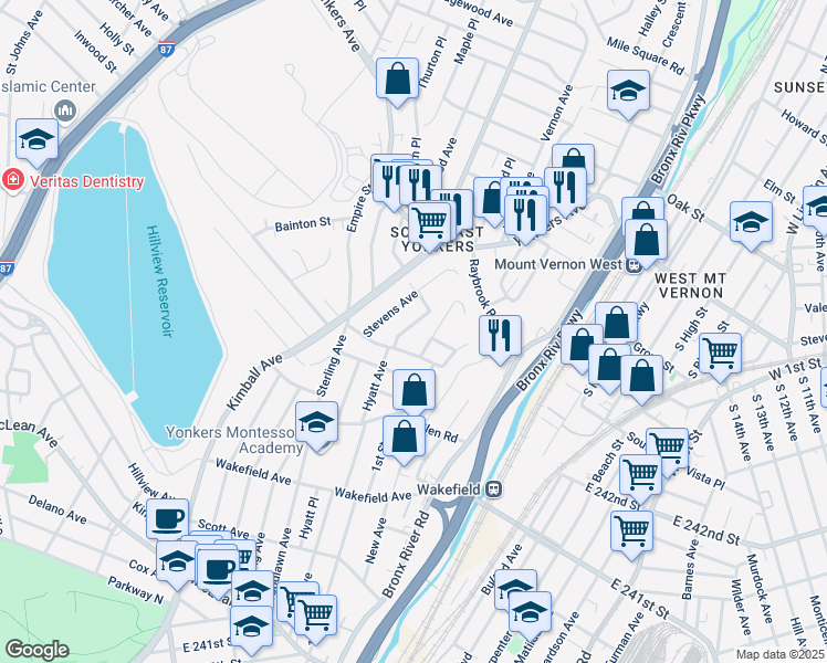 map of restaurants, bars, coffee shops, grocery stores, and more near 254 Hyatt Avenue in Yonkers